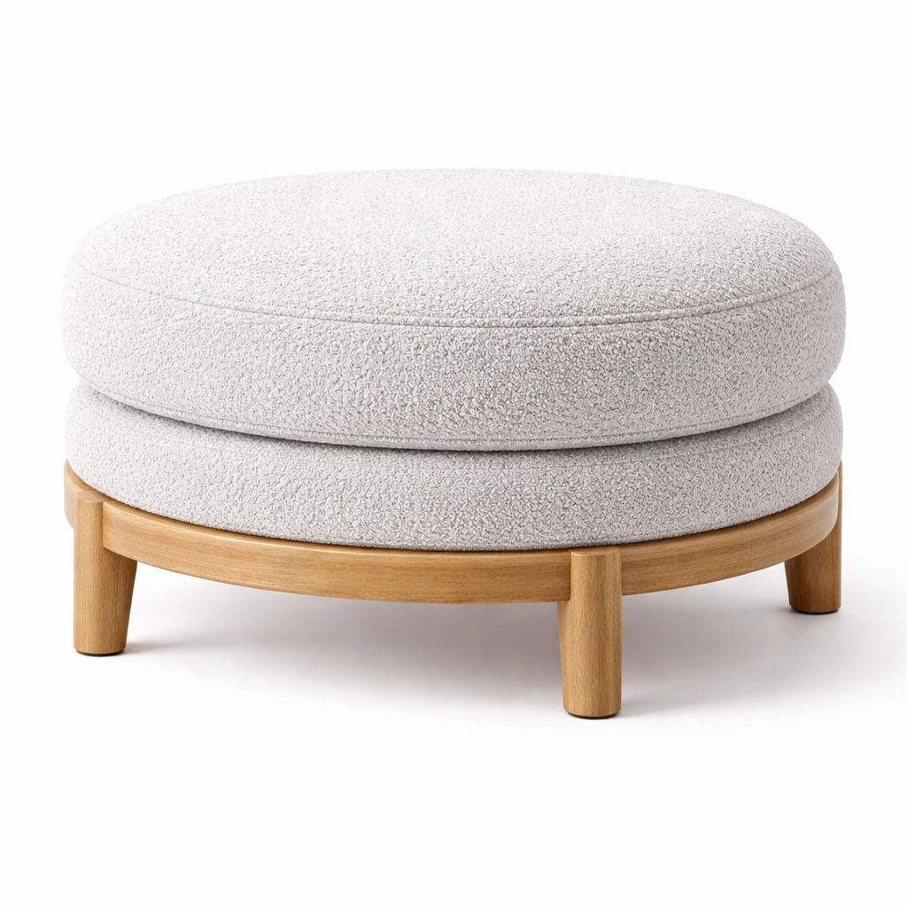 Pouf rond en tissu boucl avec base bois C Beige clair