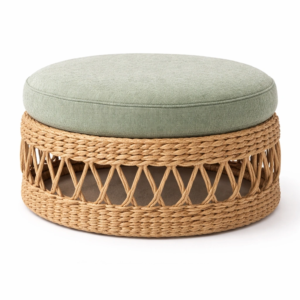 Pouf rond tress naturel avec coussin C Vert clair