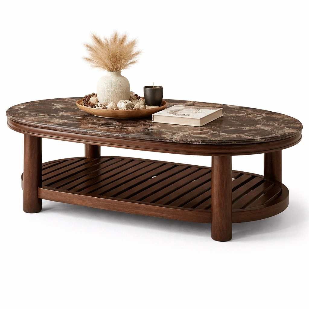 Table basse avec plateau marbrC Marron fonc