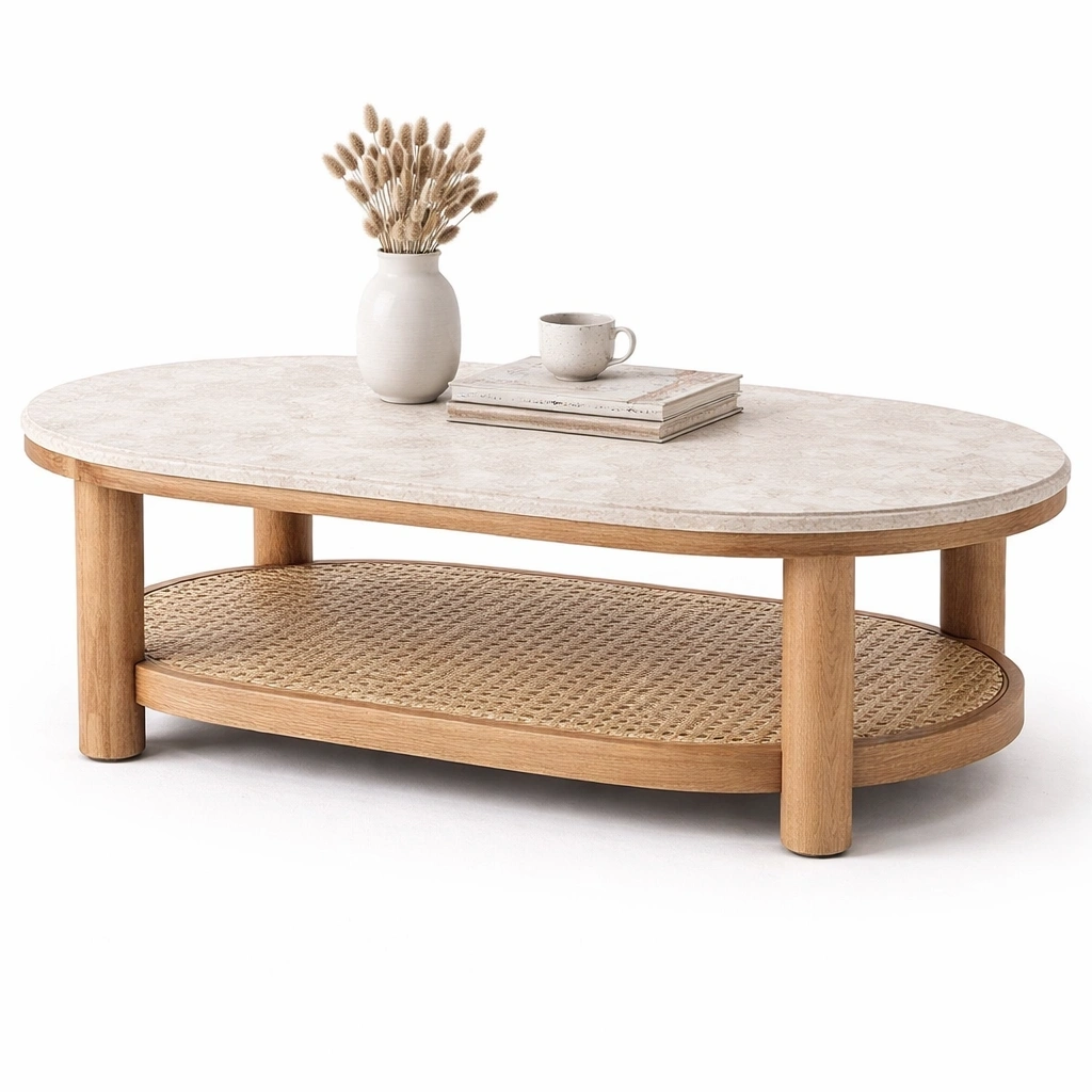 Table basse avec plateau pierre et tagre tresse C Beige