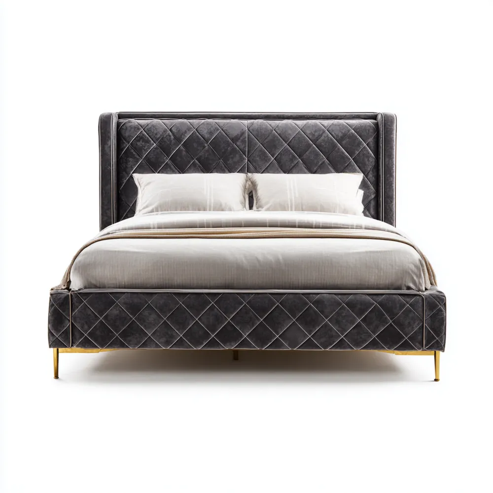 Cama Doble Tapizada Terciopelo 200x160x120 cm - Gris Oscuro - Diseño Moderno