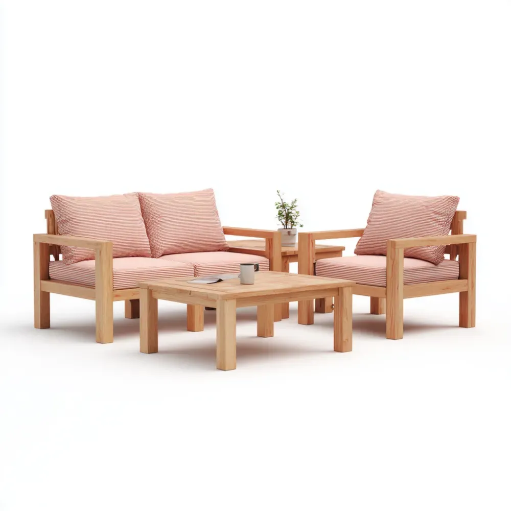 Conjunto de Sofás de Jardín Madera 150x75x70 cm – Rojo a Rayas – Estilo Contemporáneo