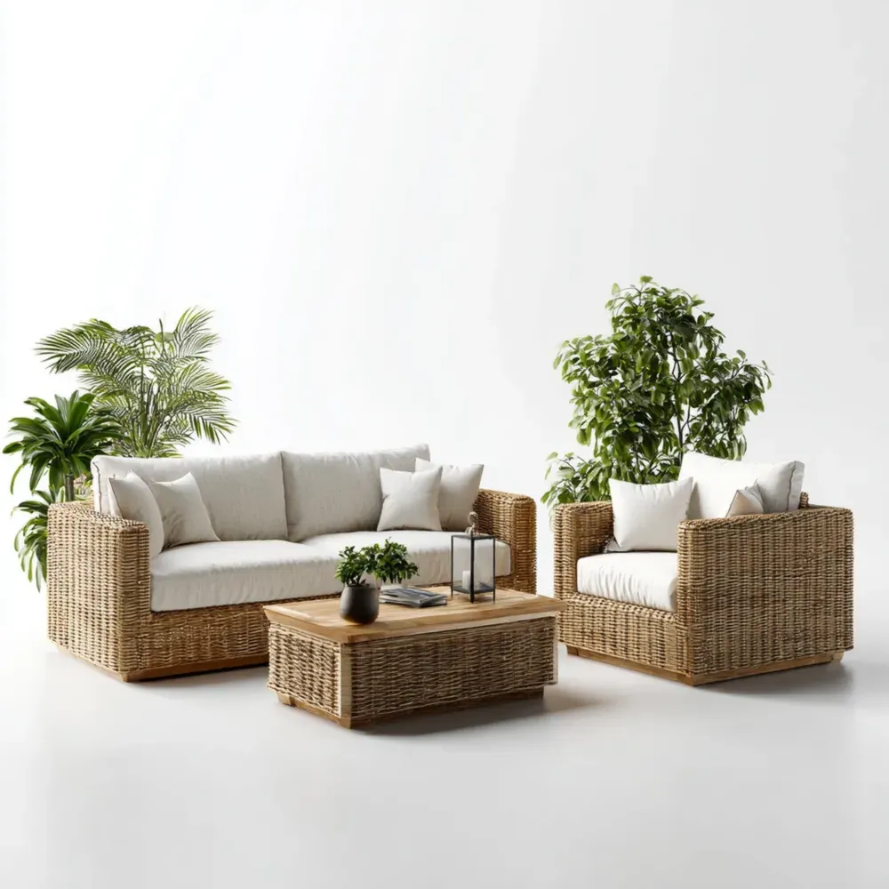 Conjunto de Sofás de Jardín Mimbre 180x85x75 cm y Mesa 100x60x40 cm – Beige – Diseño Rústico