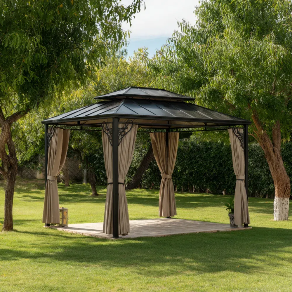 Pabellón de jardín de metal 3x3x2.7 m – Negro/Beige – Diseño Clásico