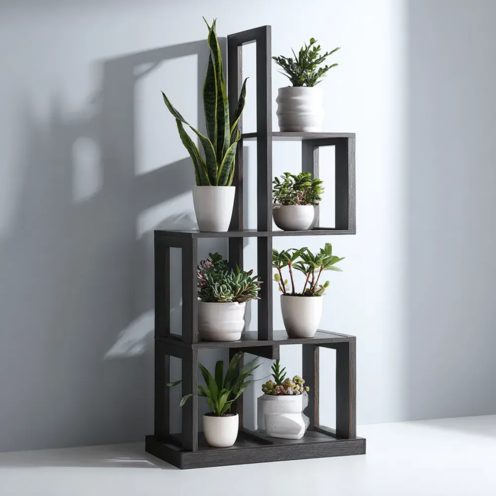 Estantería de Madera de Diseño Geométrico 60x30x110 cm con 6 Compartimentos – Negro – Moderna