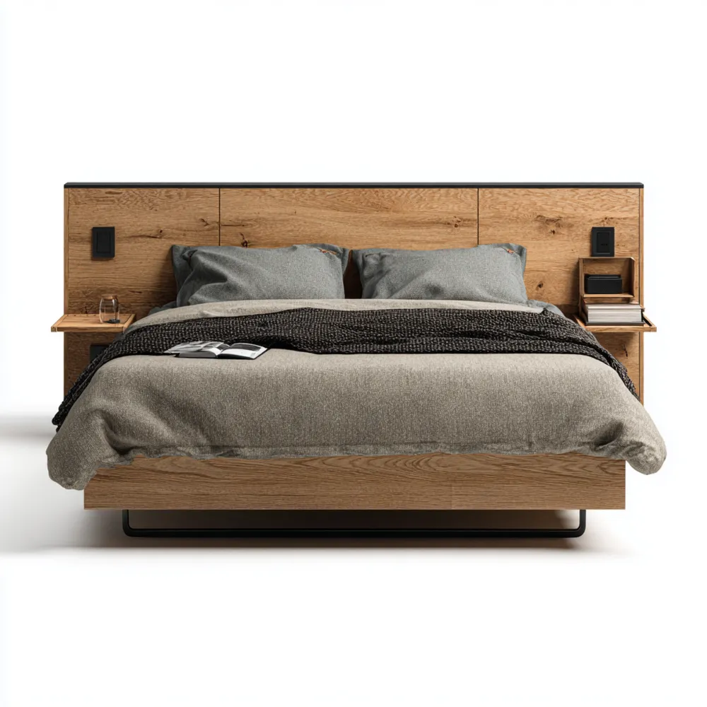 Cama Doble de Madera 200x150x90 cm - Roble - Diseño Moderno