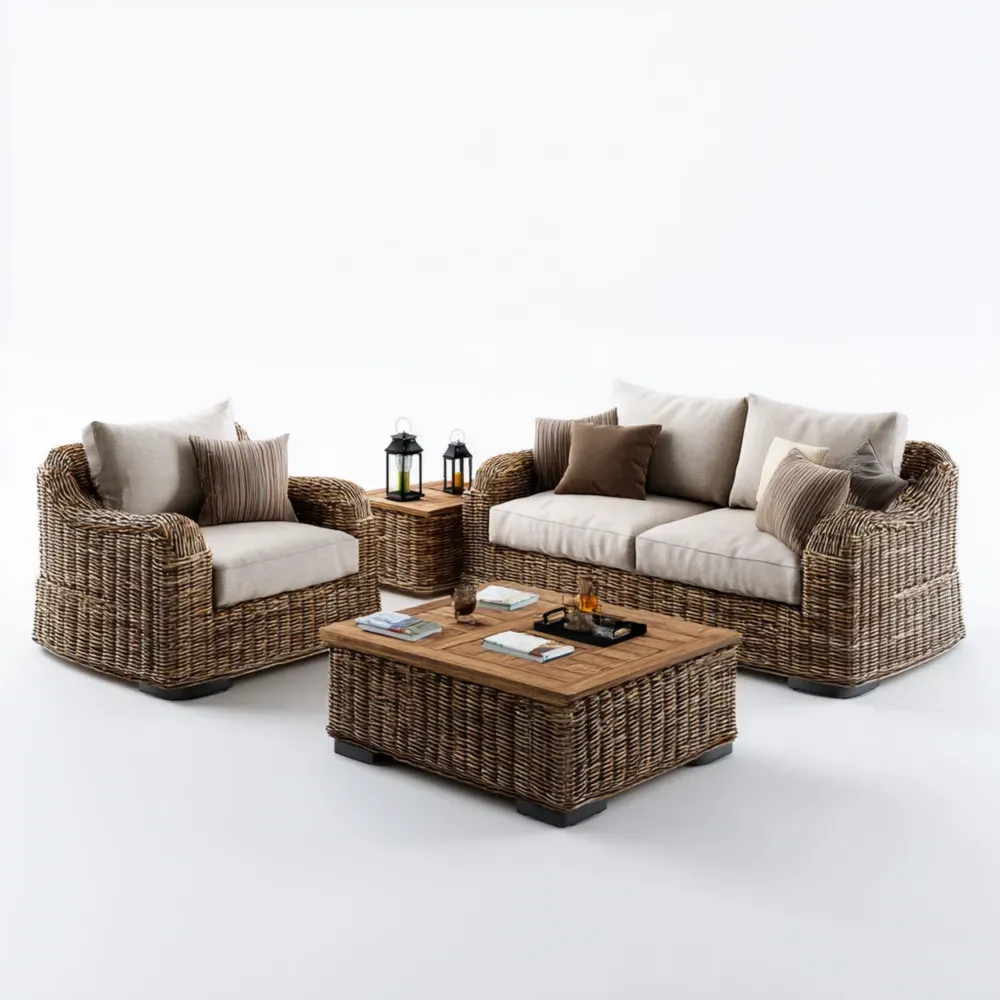 Conjunto de sofá exterior de Ratán 140x80x75 cm – Beige/Marrón – Estilo Contemporáneo