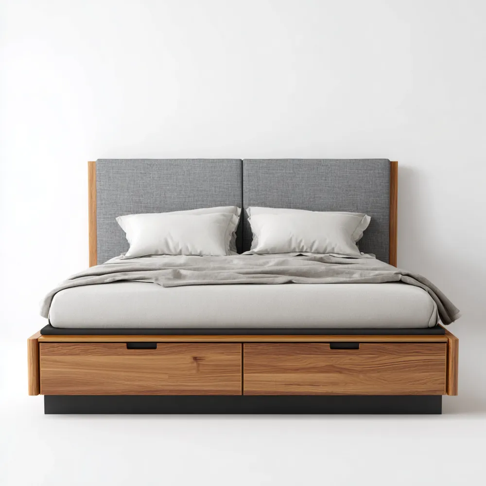 Cama doble de madera con cabecero de tela 200x160x110 cm - Gris/Roble - Diseño moderno