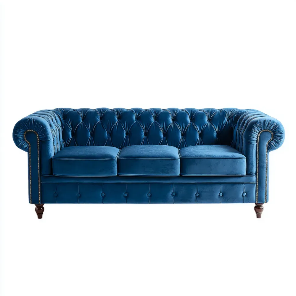 Sofá 3 plazas Tapizado Terciopelo 200x90x80 cm - Azul - Estilo Chesterfield