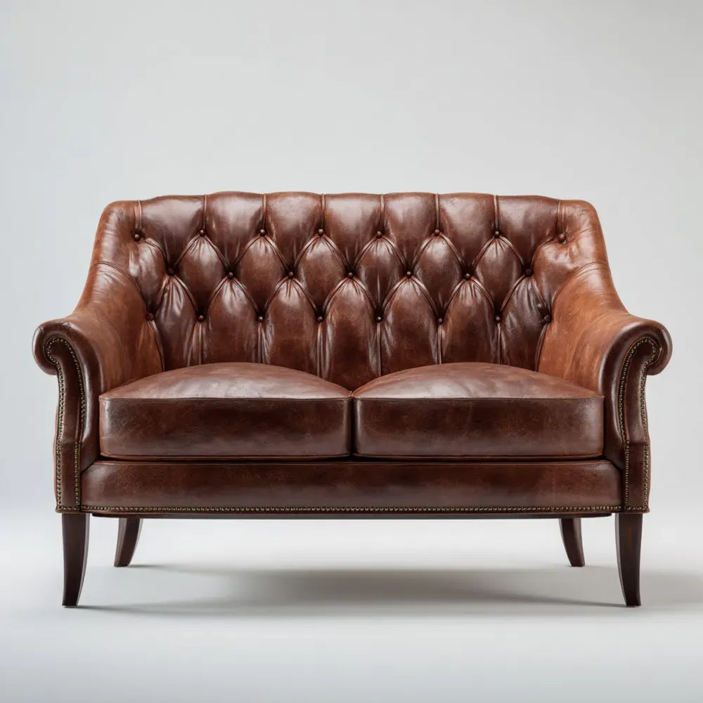 Sofá de Dos Plazas de Cuero 150x85x90 cm - Marrón - Clásico Elegante