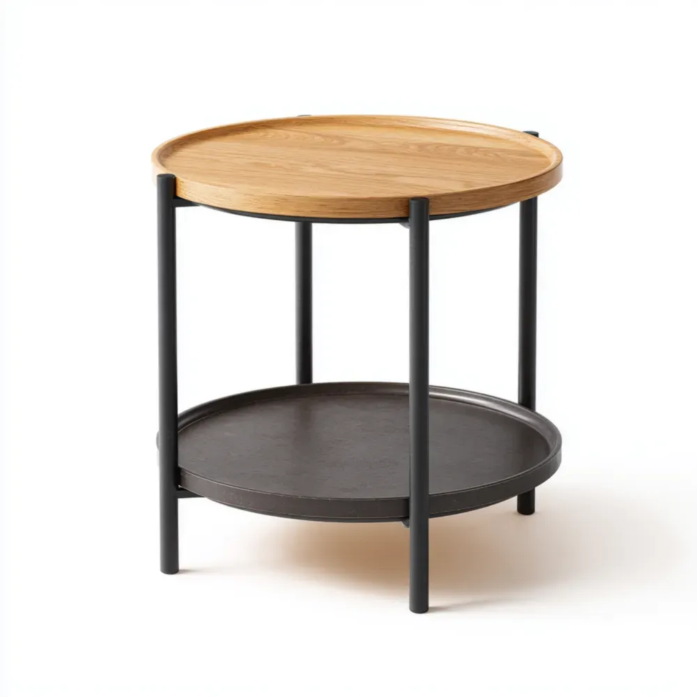 Mesa Auxiliar Redonda Madera y Metal 40x40x55 cm - Natural/Negro - Diseño Moderno