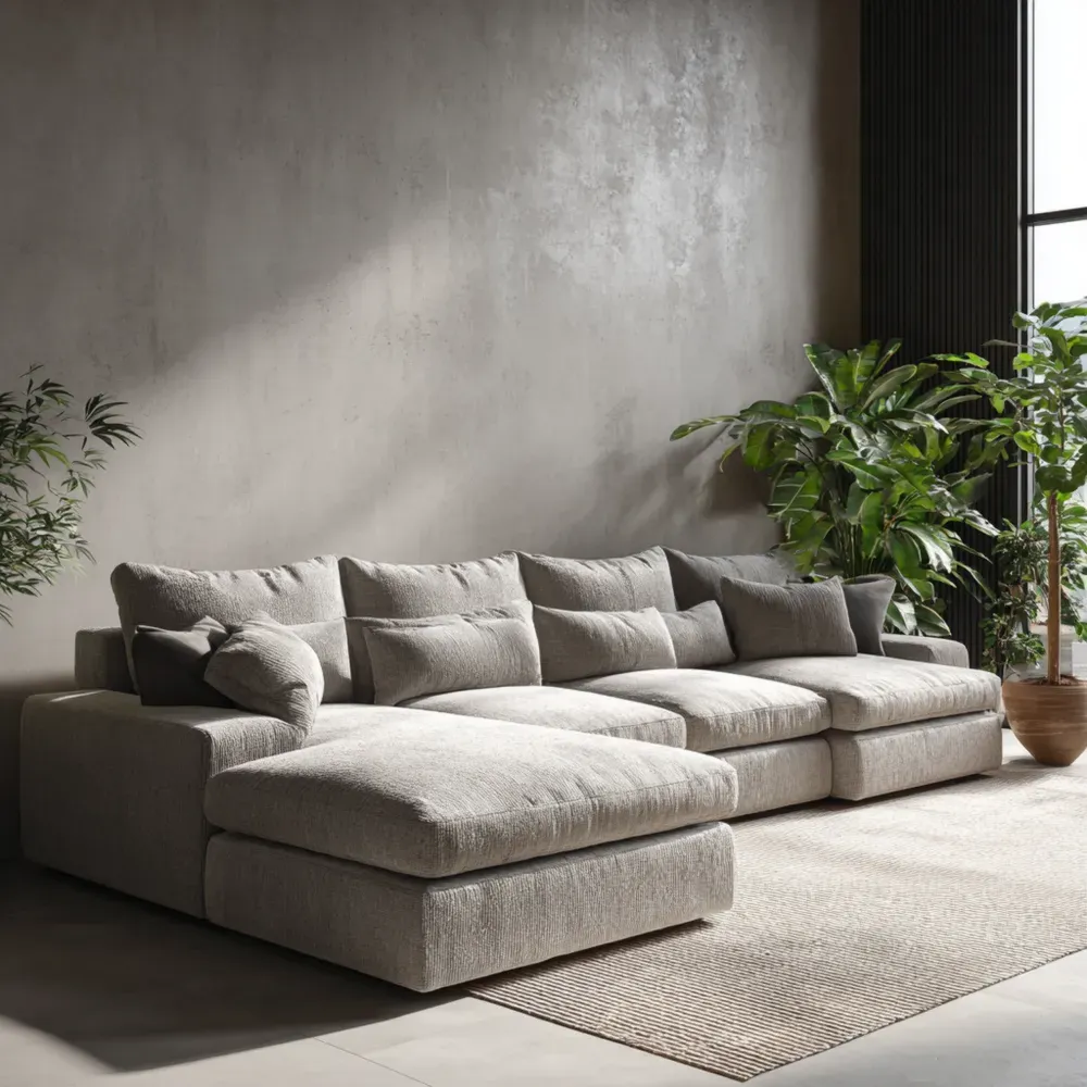 Sofá seccional de tela 300x100x85 cm – Beige – Estilo moderno