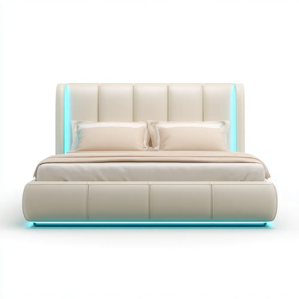 Cama Doble Tapizada en Cuero Sintético 200x180x100 cm - Blanca - Diseño Moderno