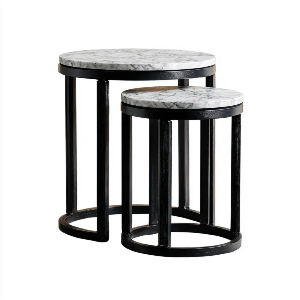 Mesas Auxiliares Juego de 2 Mármol Metal 40x40x50 cm y 35x35x45 cm Diseño Moderno