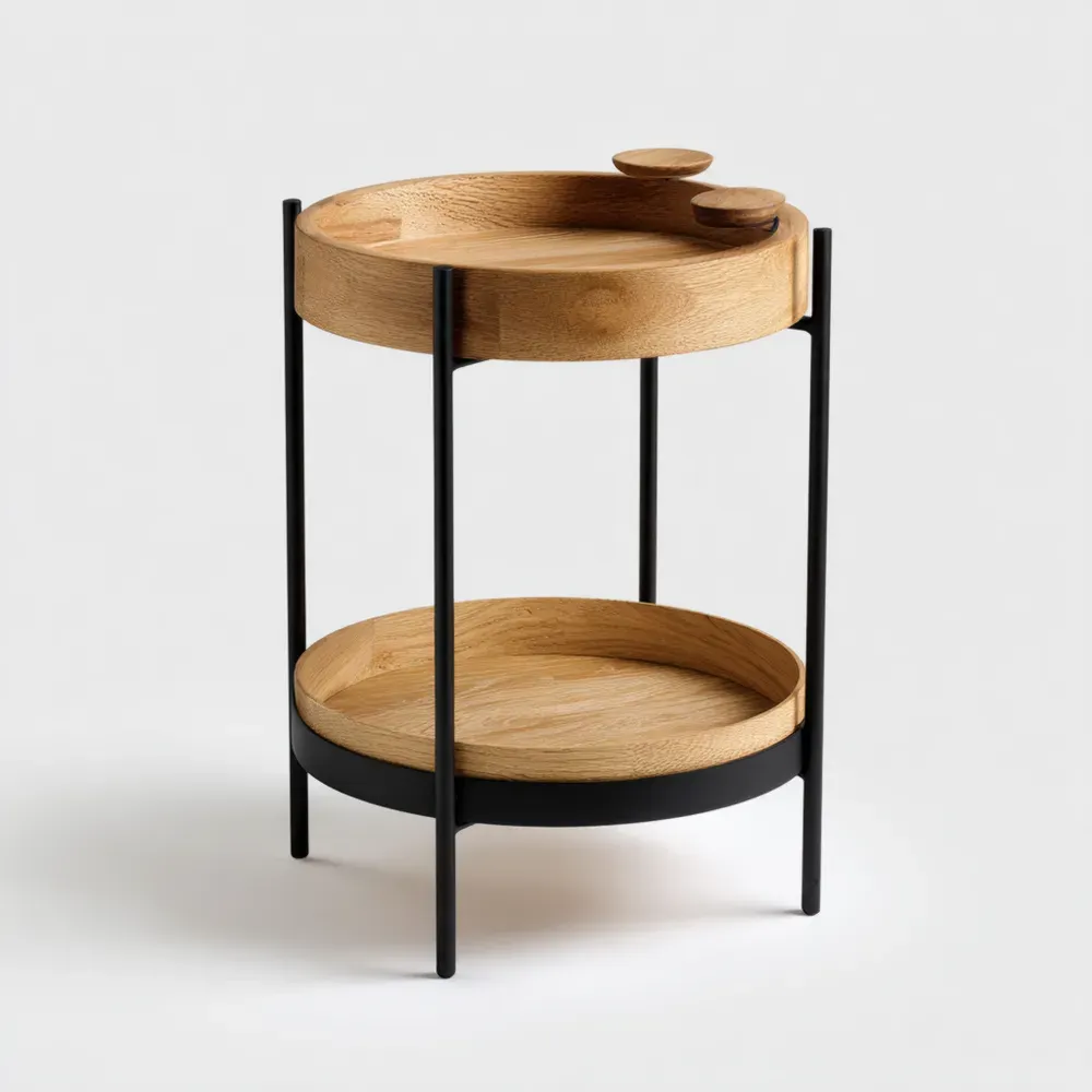 Mesa Auxiliar Redonda de Madera y Metal 45x45x60 cm - Natural/Negro - Diseño Moderno