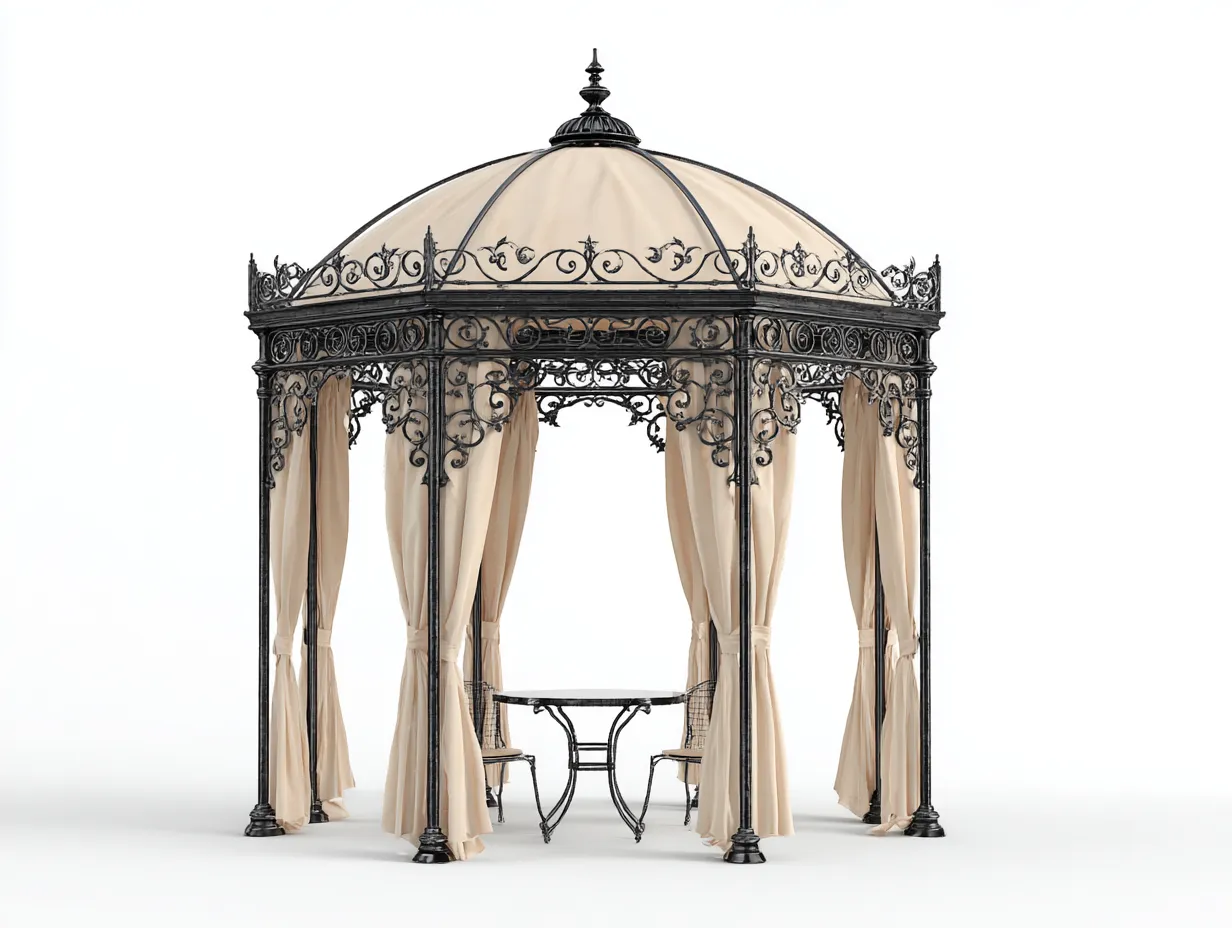 Pérgola de jardín metálica con cortinas 300x300x280 cm beige para exterior - diseño clásico ornamental-Cozyuppad