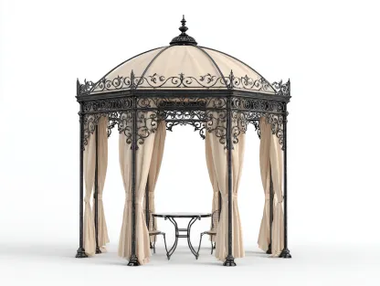 Pérgola de jardín metálica con cortinas 300x300x280 cm beige para exterior - diseño clásico ornamental-Cozyuppad