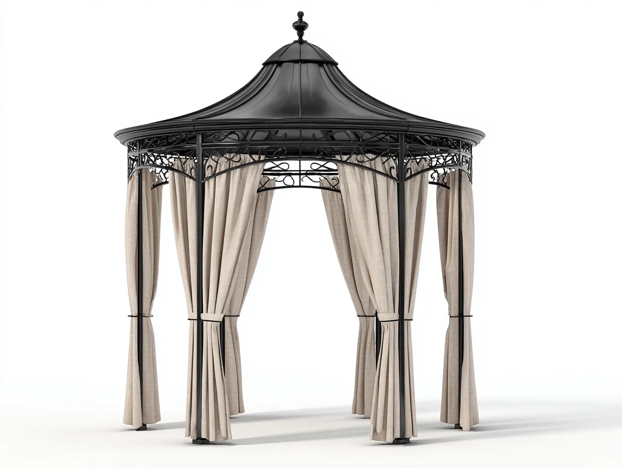 Pérgola de jardín metal con cortinas 300x300x270 cm - negro-beige - para exterior - diseño clásico-Cozyuppad