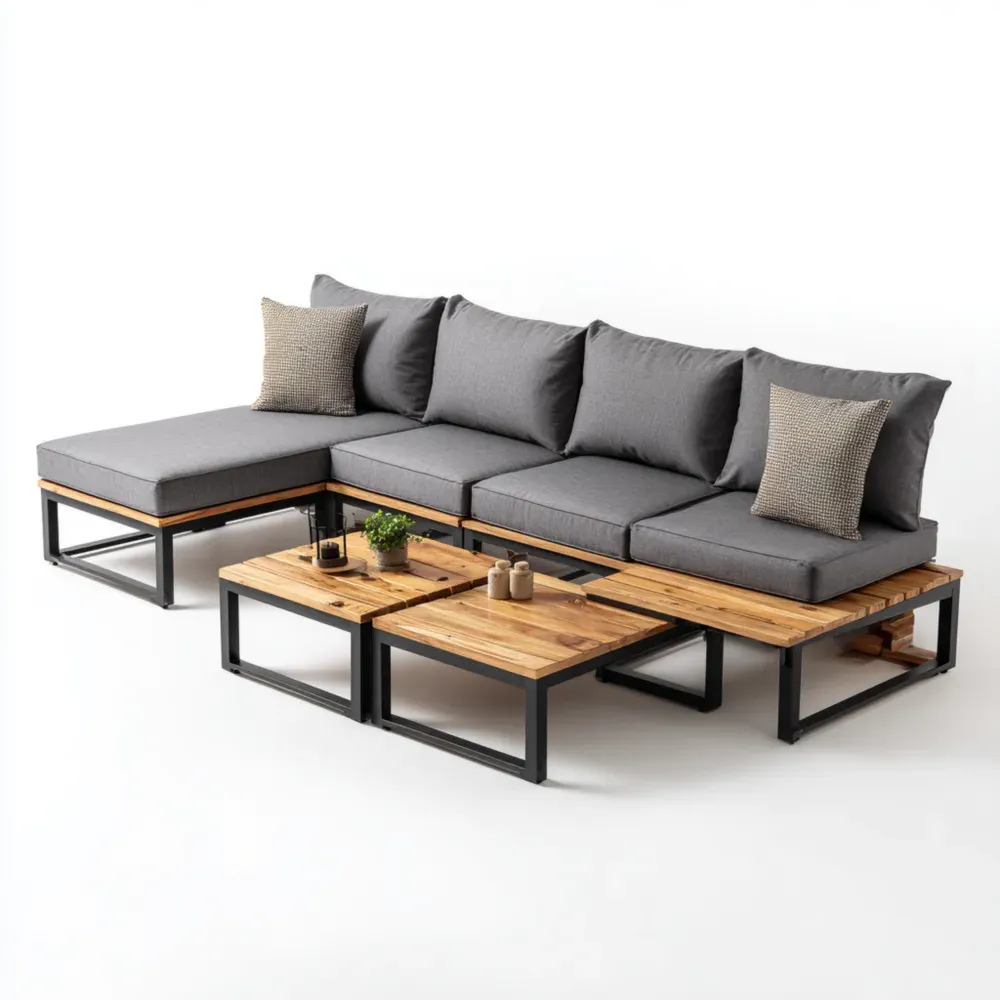 Juego de Sofás de Patio 260x80x70 cm - Tela Gris y Madera - Diseño Industrial y Moderno