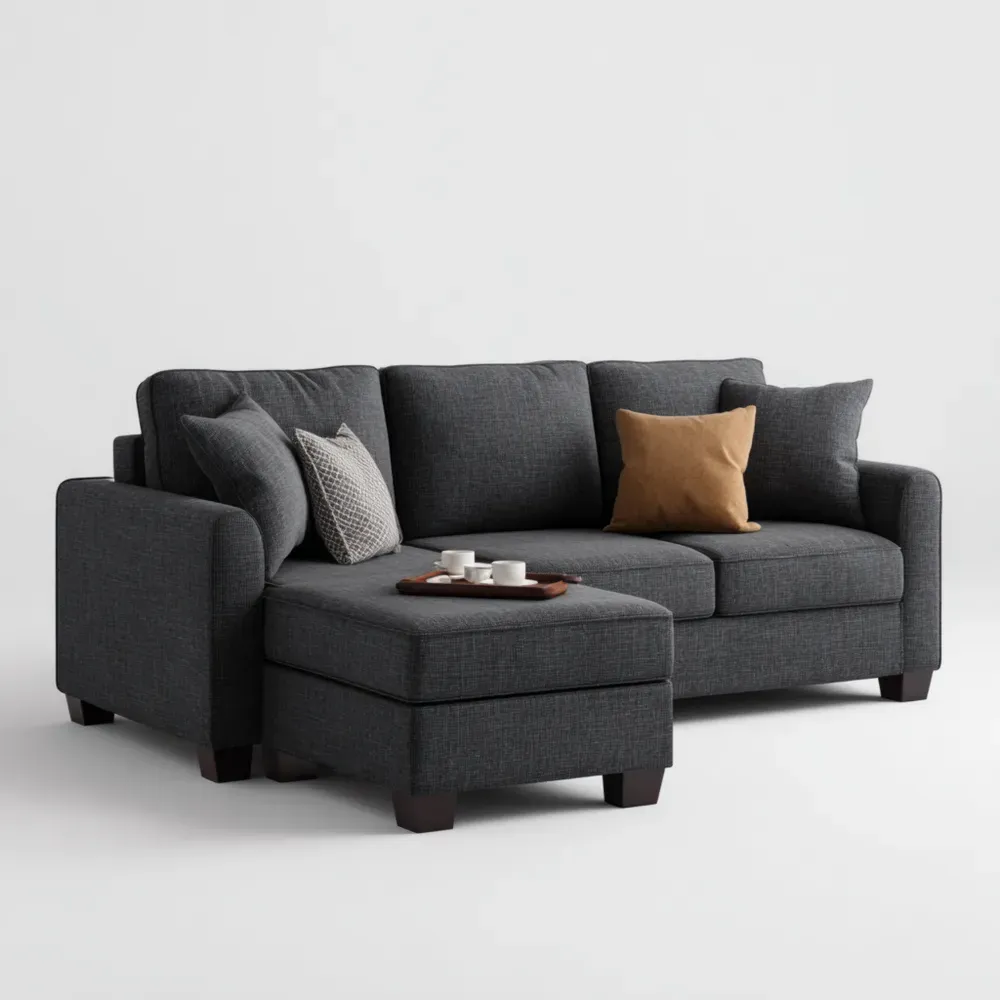 Sofá en L Tela 220x150x85 cm – Gris Oscuro – Diseño Contemporáneo