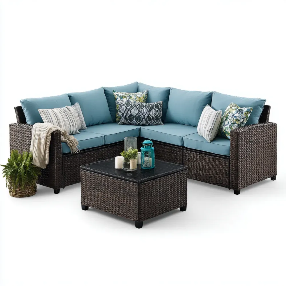 Conjunto de Sofás de Jardín Rattan 200x200x65 cm – Azul/Marrón – Diseño Moderno