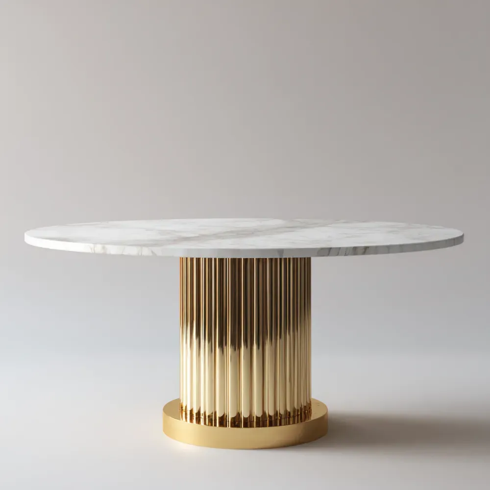 Mesa de Comedor Redonda Mármol 120x120x75 cm - Blanco/Dorado