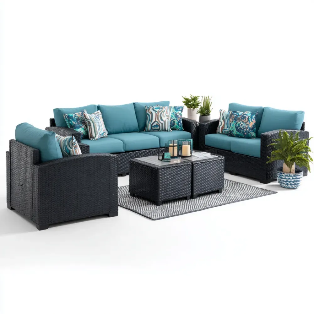 Conjunto de Sofás de Jardín Mimbre Sintético 210x80x75 cm Cojines Azul Turquesa y Negro – Diseño Contemporáneo