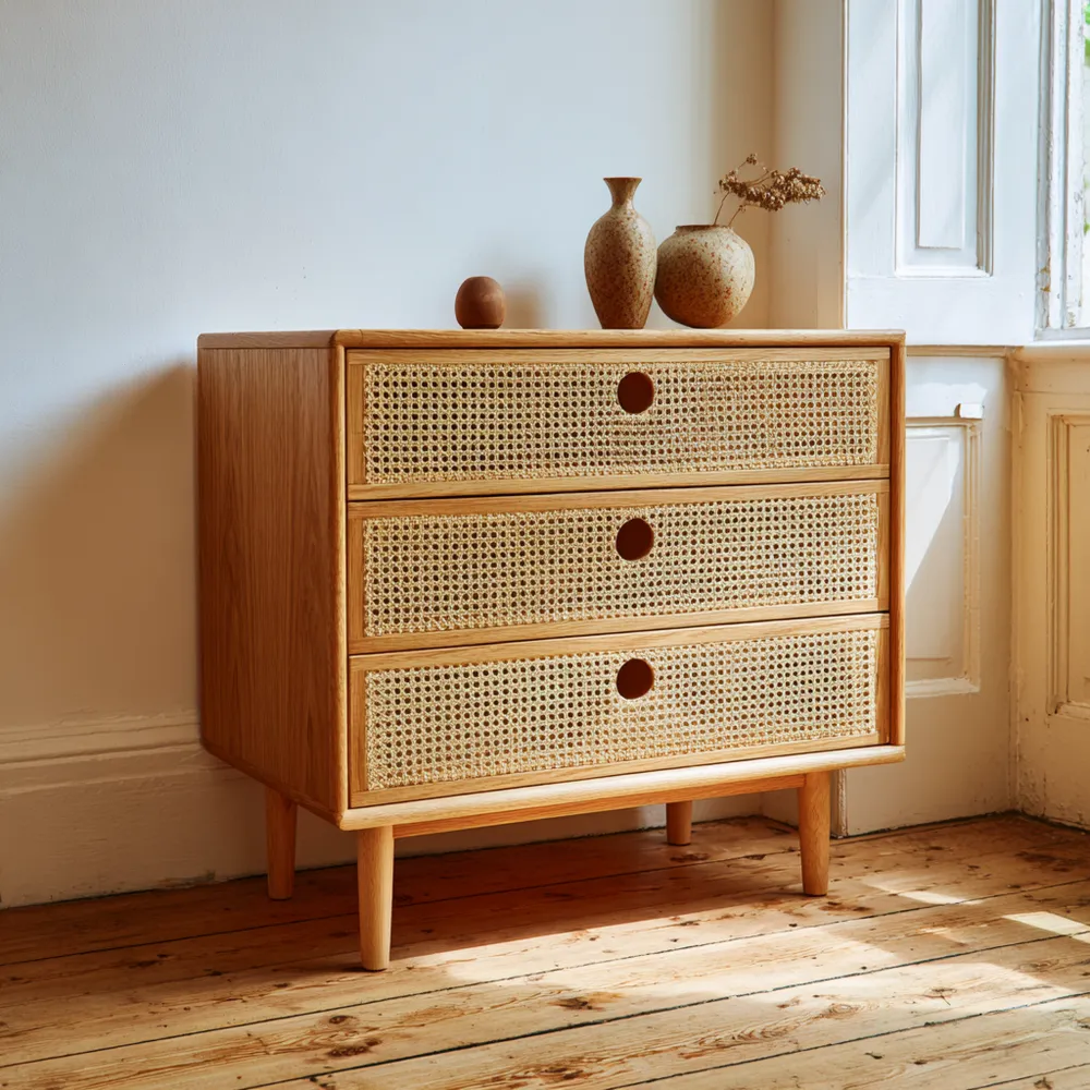 Cajonera de Madera de Roble Natural 60x40x80 cm con Frontal de Ratán 3 Cajones