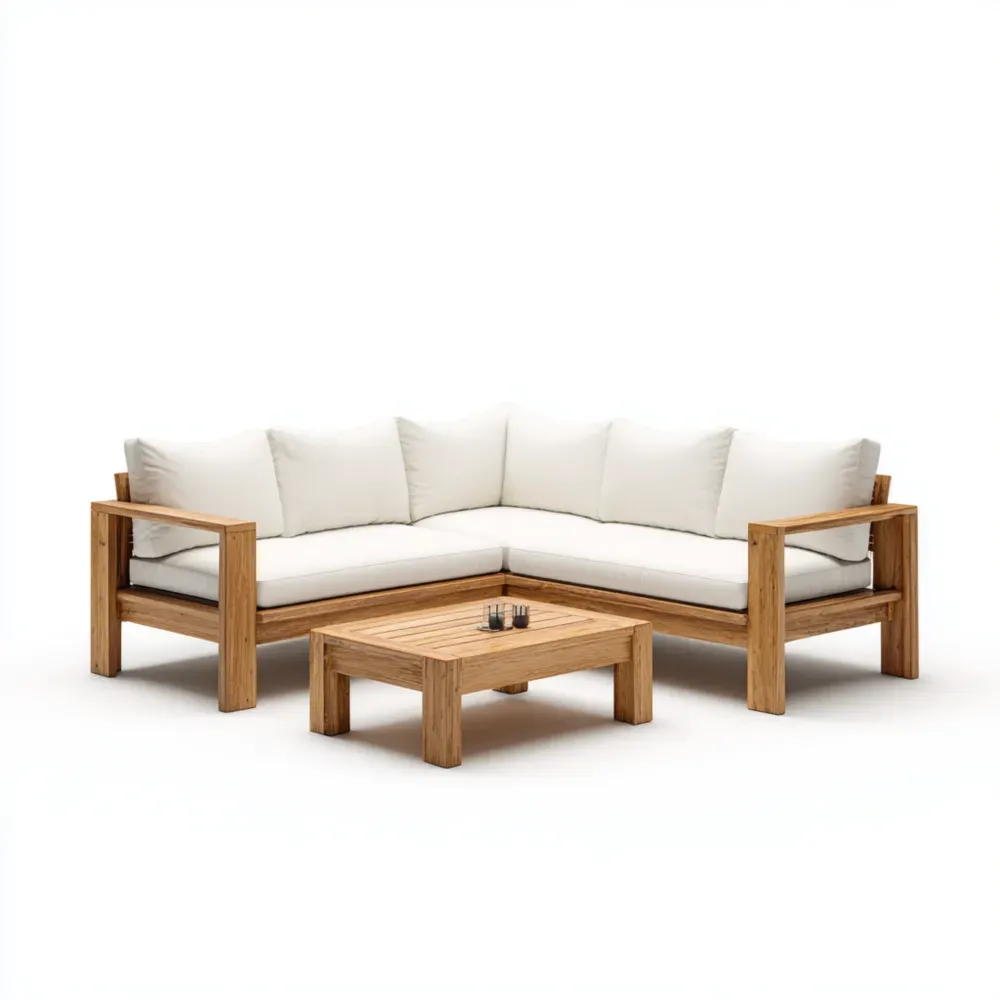 Juego de sofá de esquina para patio de madera 210x210x70 cm – Crema