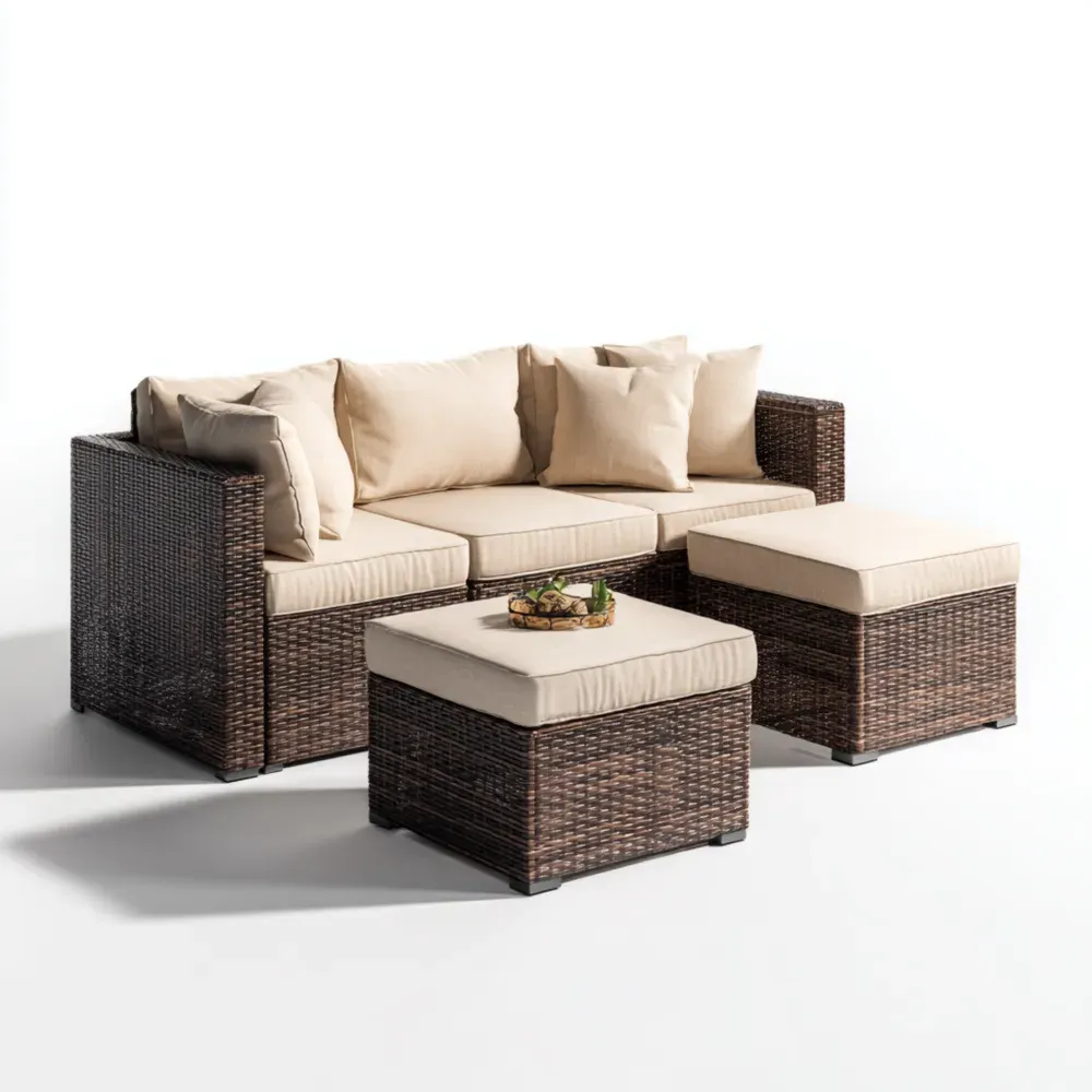 Conjunto de Sofá de Jardín Ratán Sintético 190x75x64 cm Cojines Crema – Diseño Modular