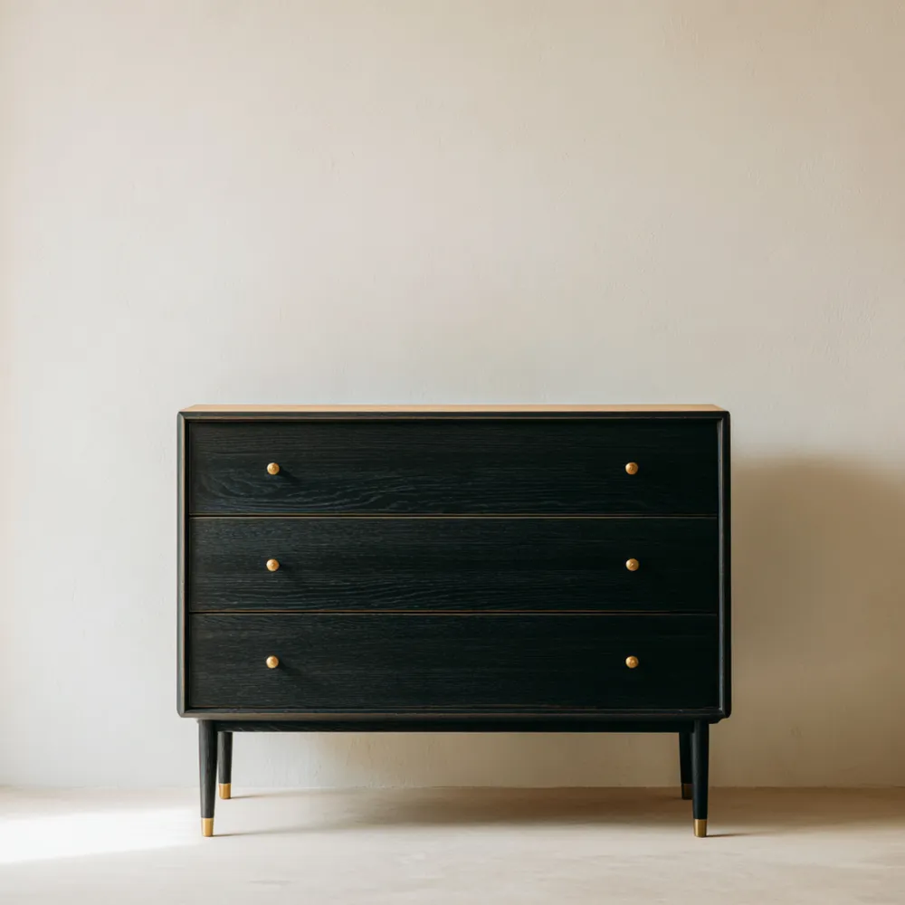 Cómoda de Madera 3 Cajones 90x45x75 cm – Negro/Dorado – Diseño Moderno