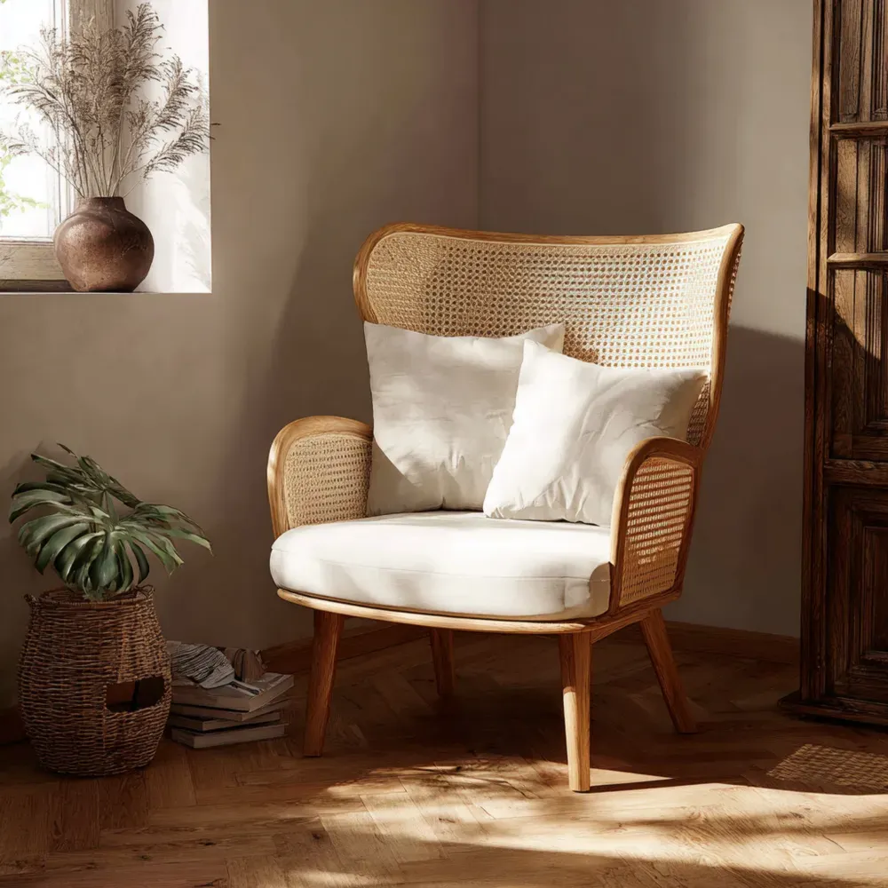 Sillón de Ratán con Cojín 80x75x90 cm - Natural - Diseño Escandinavo