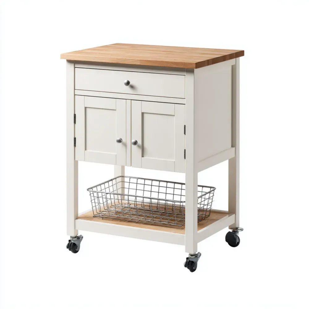 Carro de Cocina con Encimera de Madera 60x40x85 cm - Blanco - Estilo Moderno