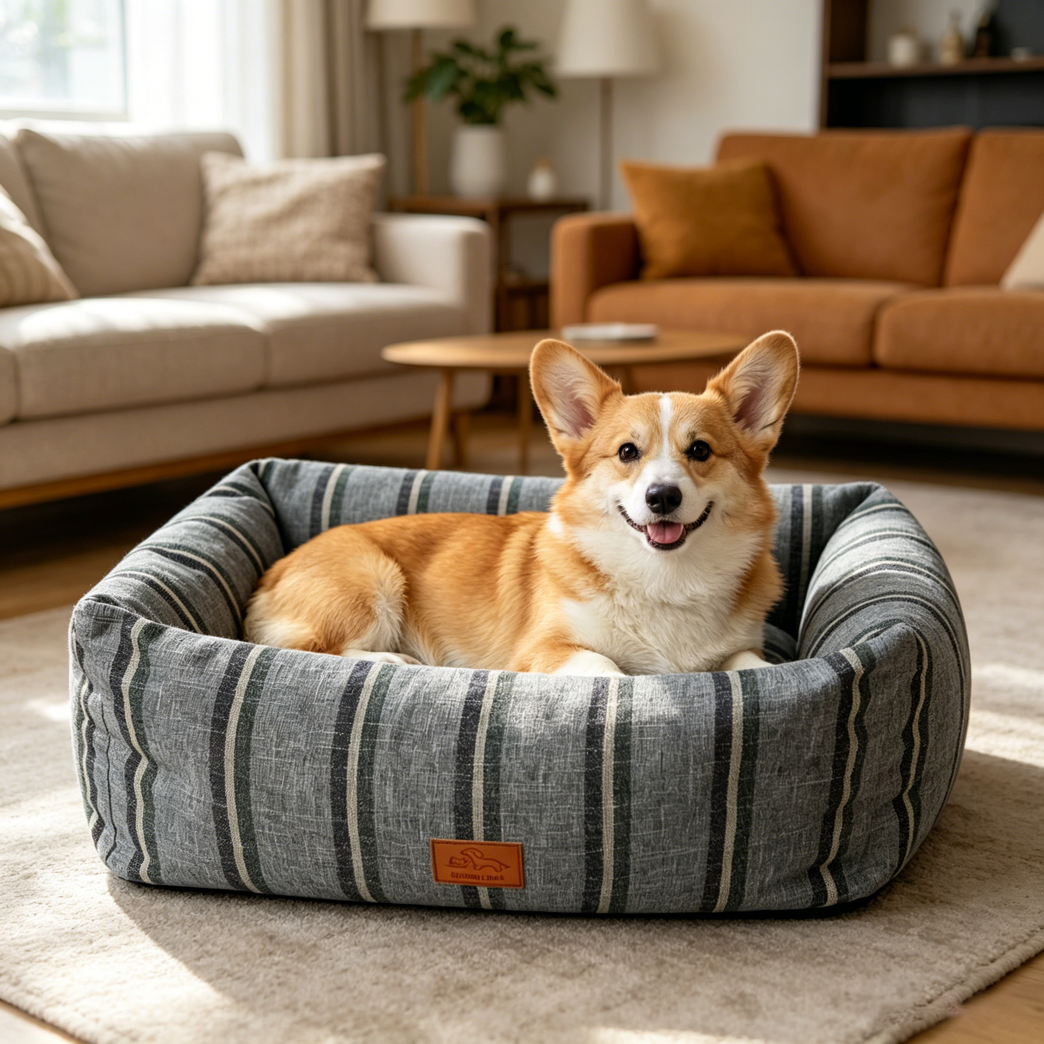 Striped Pet Bed - All-Season, Washable, Cozy Cuddler Bed for Cats & Dogs, Soft Thick Cushion, Durable Linen Fabric, Medium & Large Sizes