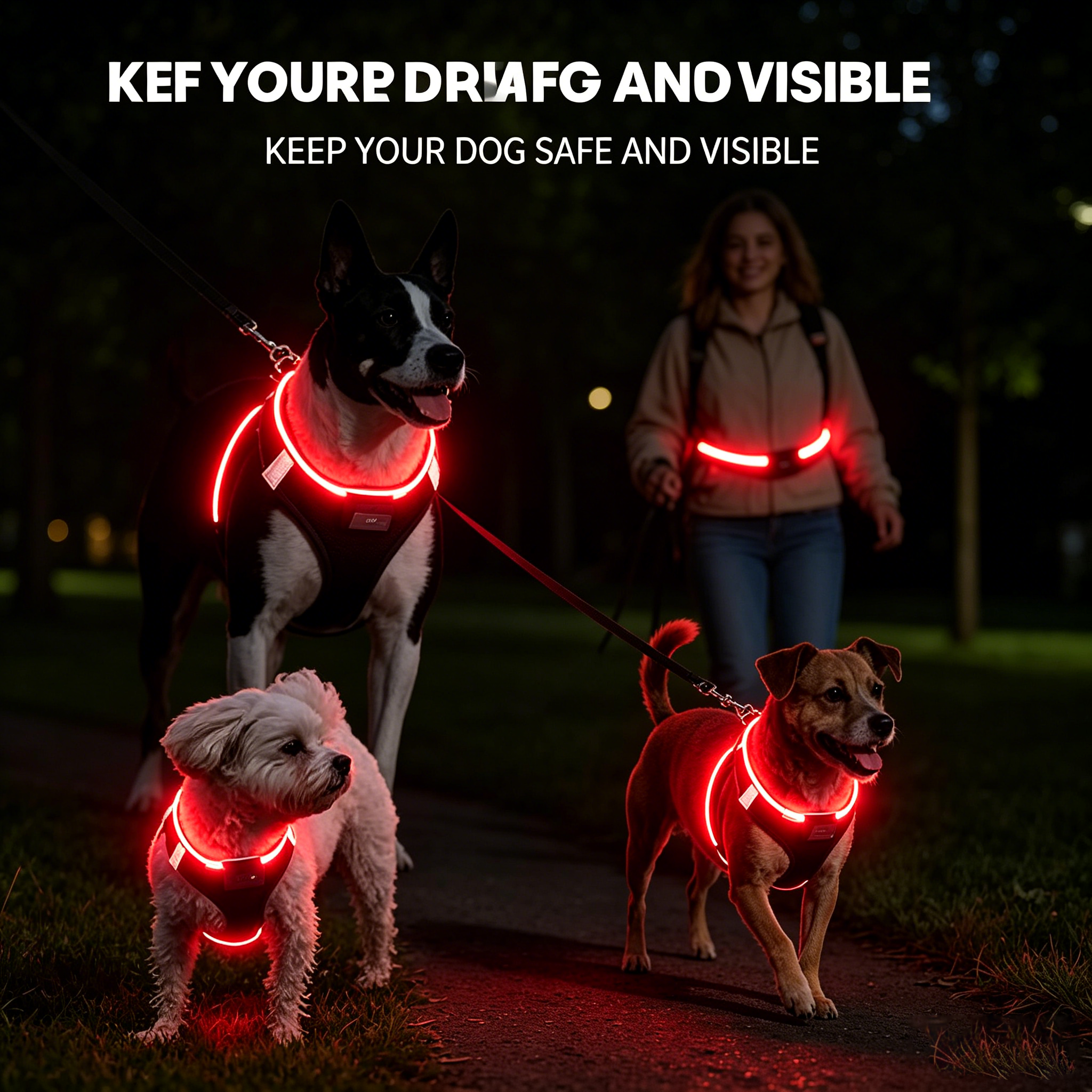LED Light Up Dog Harness - USB Rechargeable, 3 Modes, Reflective, Breathable Mesh Safety Vest for Night Walks, Small Medium Dogs & Cats