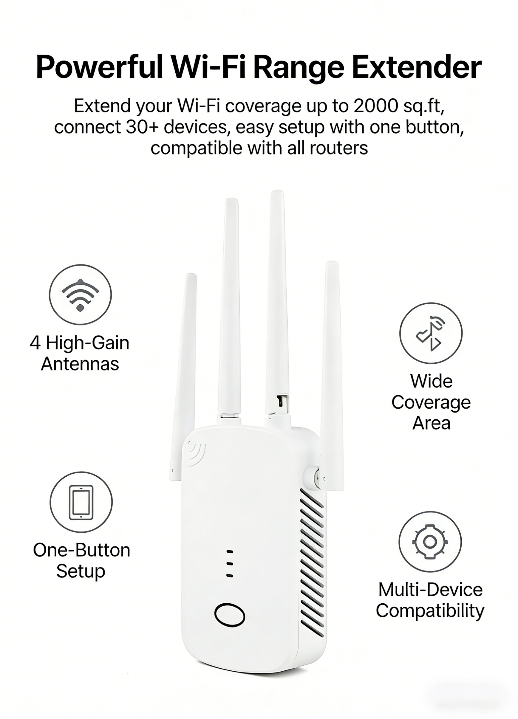 300Mbps WiFi Range Extender 2.4GHz Wireless Repeater with 4 Antennas, Long Range Signal Booster, Home Internet Amplifier Plug & Play