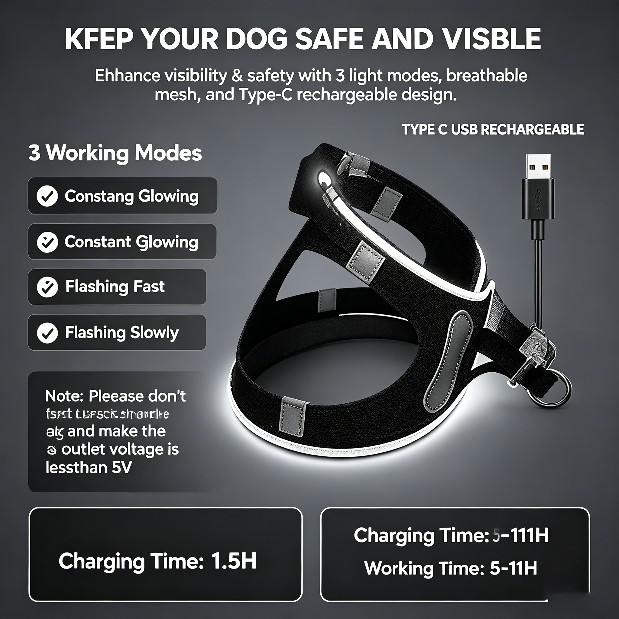 LED Light Up Dog Harness - USB Rechargeable, 3 Modes, Reflective, Breathable Mesh Safety Vest for Night Walks, Small Medium Dogs & Cats