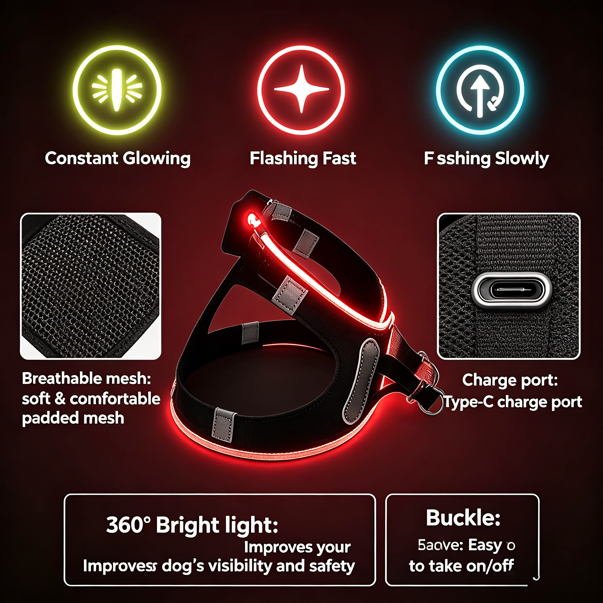 LED Light Up Dog Harness - USB Rechargeable, 3 Modes, Reflective, Breathable Mesh Safety Vest for Night Walks, Small Medium Dogs & Cats