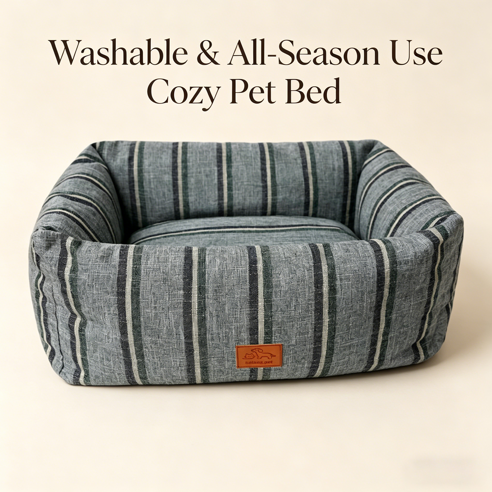 Striped Pet Bed - All-Season, Washable, Cozy Cuddler Bed for Cats & Dogs, Soft Thick Cushion, Durable Linen Fabric, Medium & Large Sizes