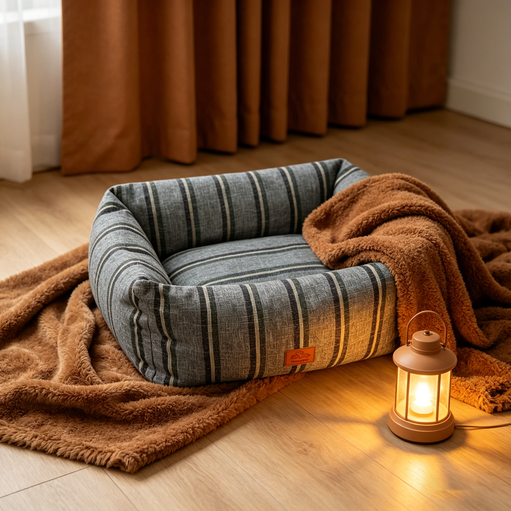 Striped Pet Bed - All-Season, Washable, Cozy Cuddler Bed for Cats & Dogs, Soft Thick Cushion, Durable Linen Fabric, Medium & Large Sizes