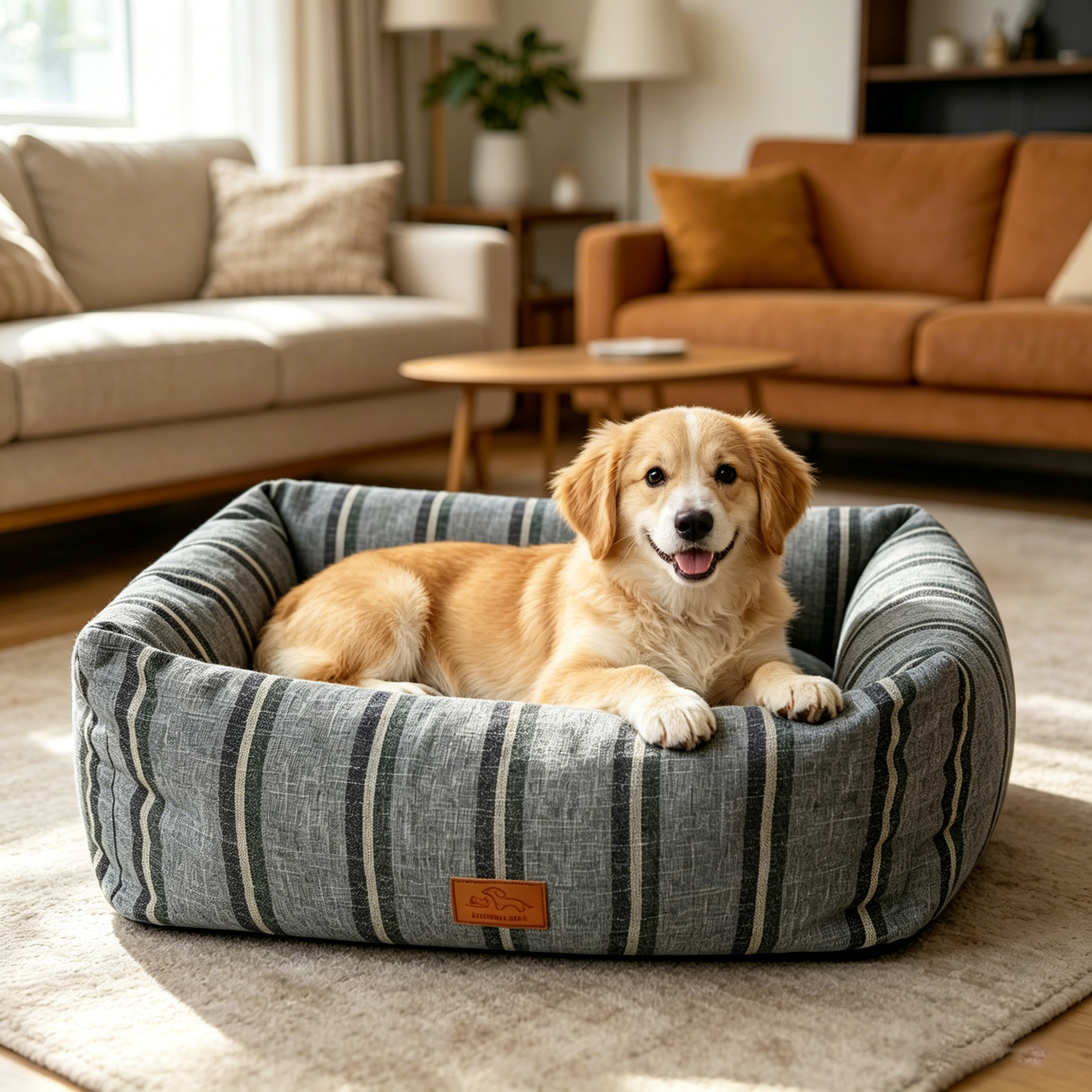 Striped Pet Bed - All-Season, Washable, Cozy Cuddler Bed for Cats & Dogs, Soft Thick Cushion, Durable Linen Fabric, Medium & Large Sizes