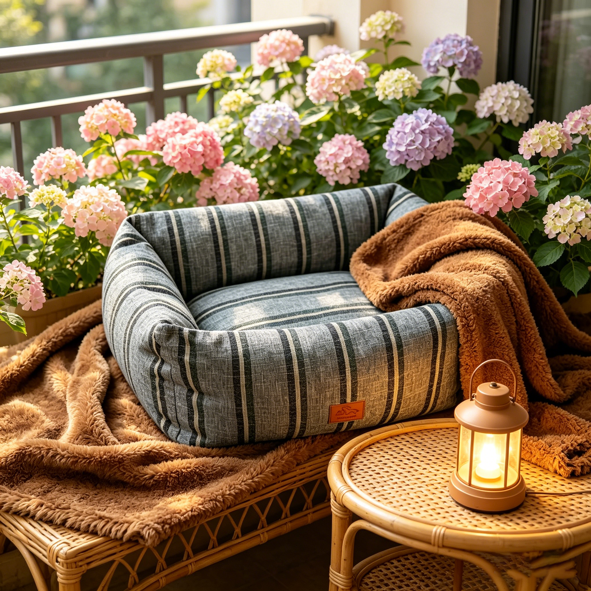 Striped Pet Bed - All-Season, Washable, Cozy Cuddler Bed for Cats & Dogs, Soft Thick Cushion, Durable Linen Fabric, Medium & Large Sizes