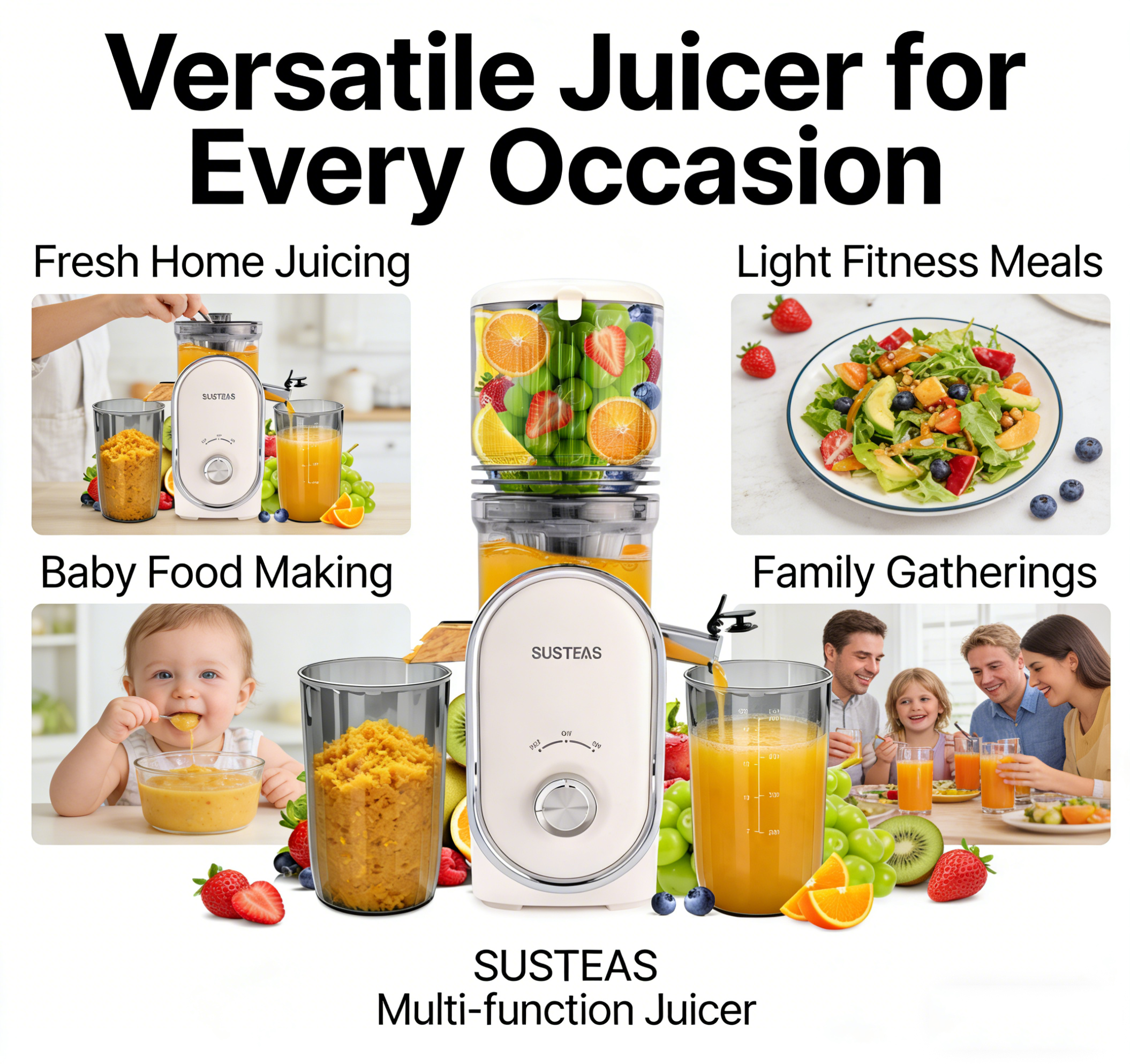 SUSTEAS Cold Press Juicer, 5.3" Feed Chute Slow Masticating Machines with 300W, Fit Whole Fruits & Vegetables, High Juice Yield, Easy to Clean