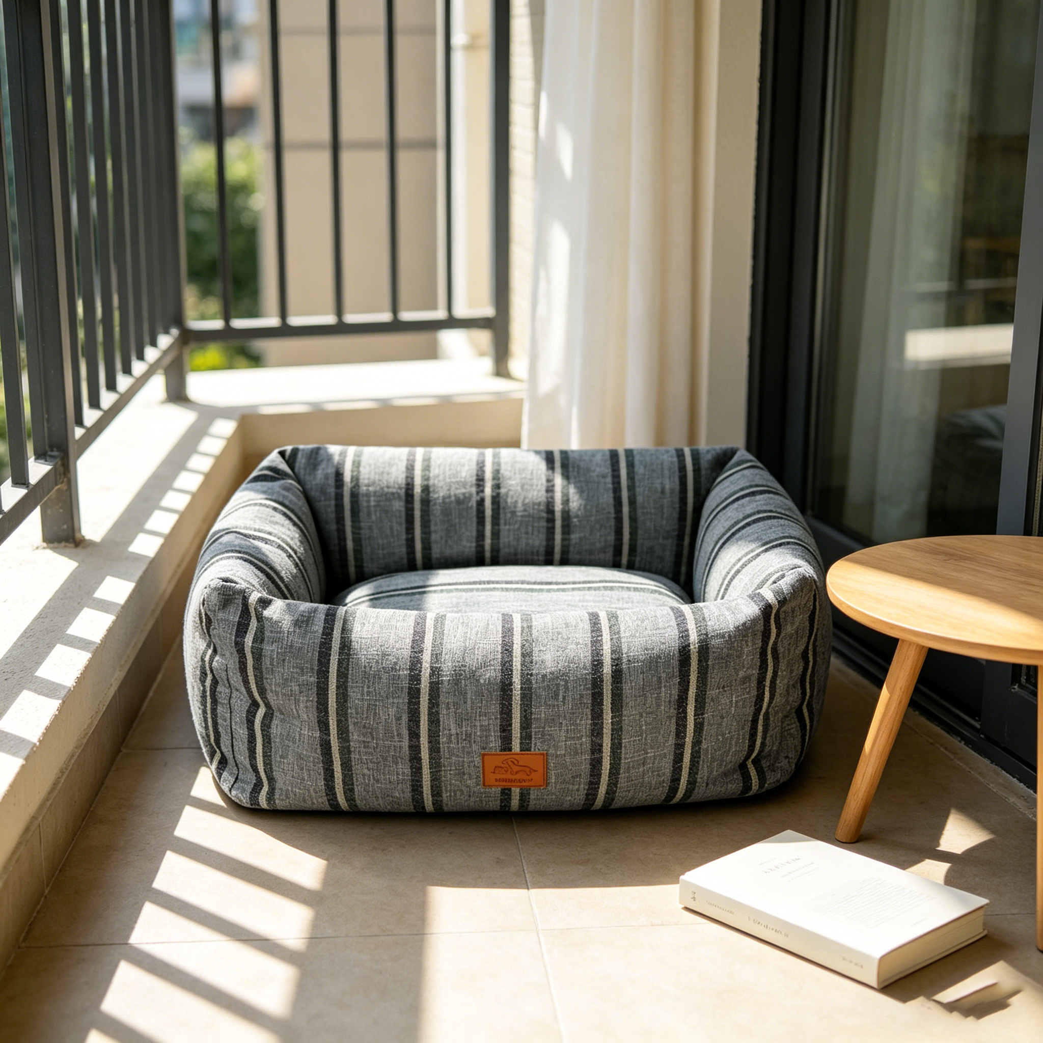 Striped Pet Bed - All-Season, Washable, Cozy Cuddler Bed for Cats & Dogs, Soft Thick Cushion, Durable Linen Fabric, Medium & Large Sizes