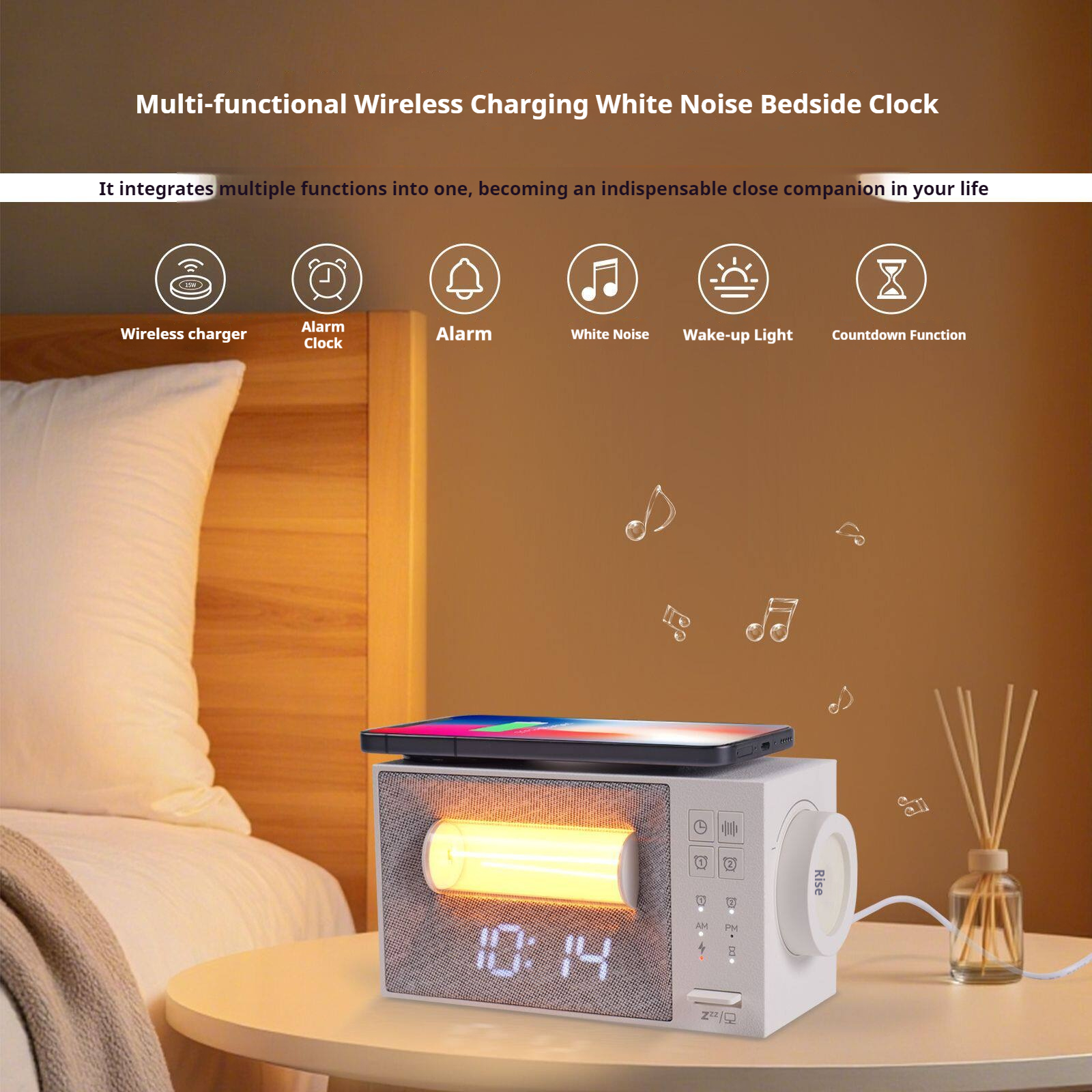 Multifunction Wireless Charging Bedside Clock – White Noise, Alarm Wake-Up Lamp & Adjustable Night Light