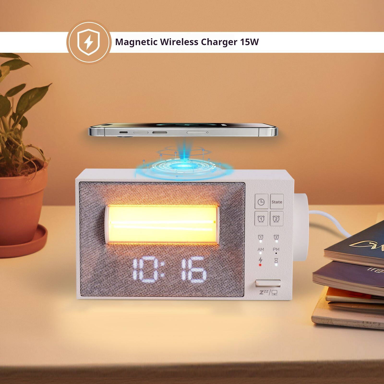 Multifunction Wireless Charging Bedside Clock – White Noise, Alarm Wake-Up Lamp & Adjustable Night Light