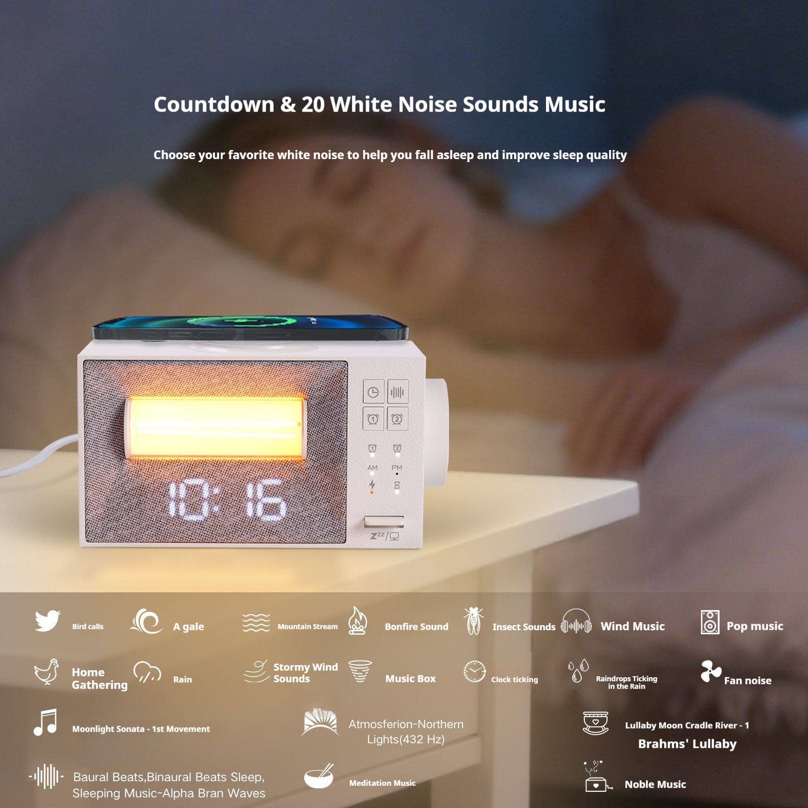 Multifunction Wireless Charging Bedside Clock – White Noise, Alarm Wake-Up Lamp & Adjustable Night Light