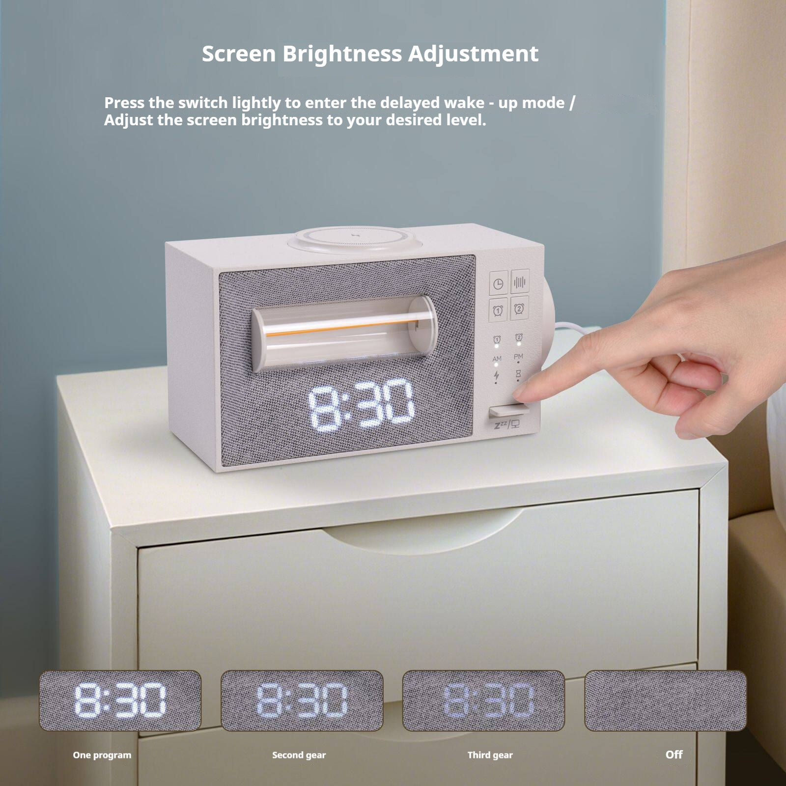 Multifunction Wireless Charging Bedside Clock – White Noise, Alarm Wake-Up Lamp & Adjustable Night Light