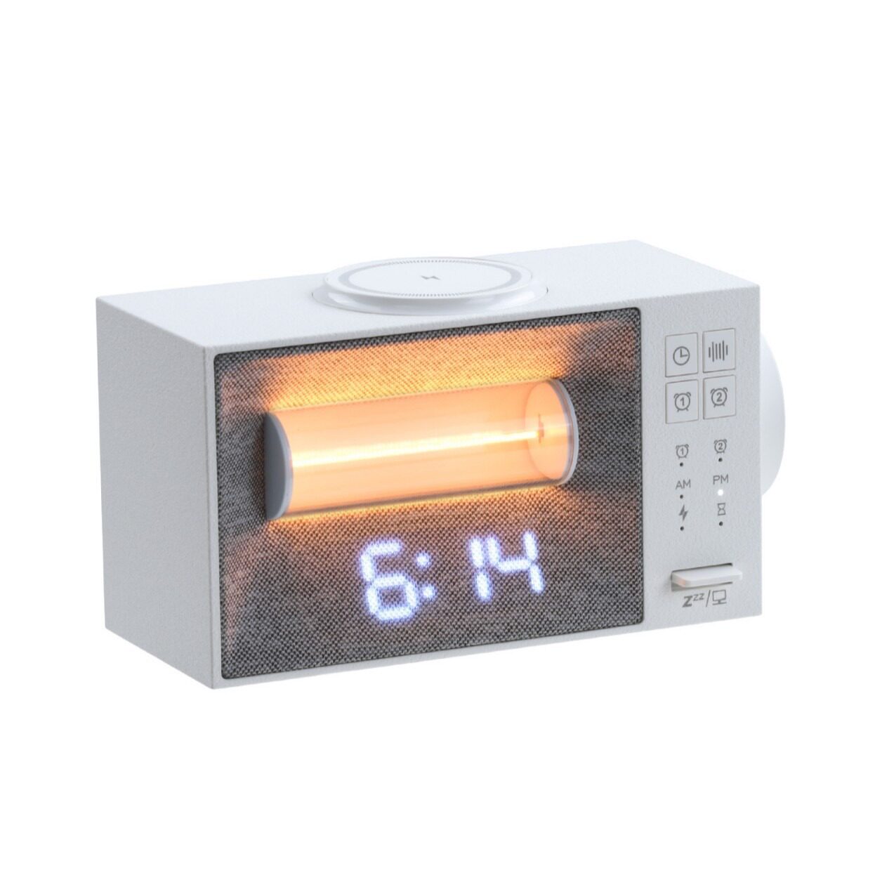 Multifunction Wireless Charging Bedside Clock – White Noise, Alarm Wake-Up Lamp & Adjustable Night Light