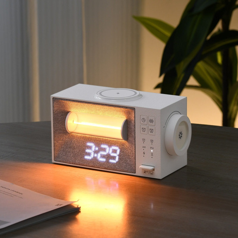 Multifunction Wireless Charging Bedside Clock – White Noise, Alarm Wake-Up Lamp & Adjustable Night Light